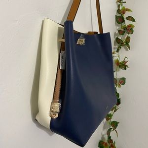 Adjustable Strap Two tone Aldo Tote Cream & Navy Blue With twist lock.